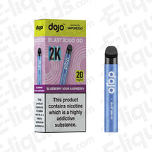 Vaporesso Dojo Blast 2000 Go Pod Kit in Blueberry Sour Raspberry flavor with packaging and device details.