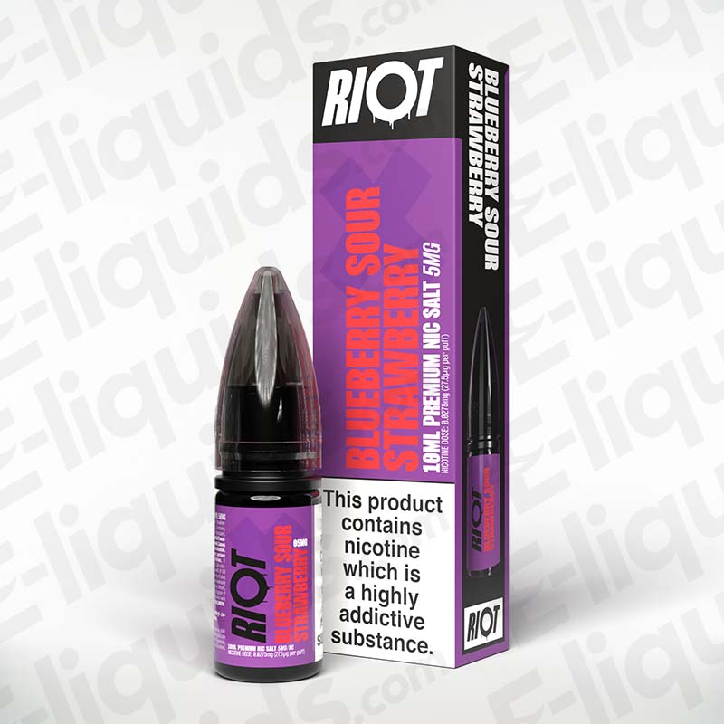Blueberry Sour Strawberry Nic Salt E-Liquid by Riot X in 10ml bottle with box, featuring sweet and sour flavors.