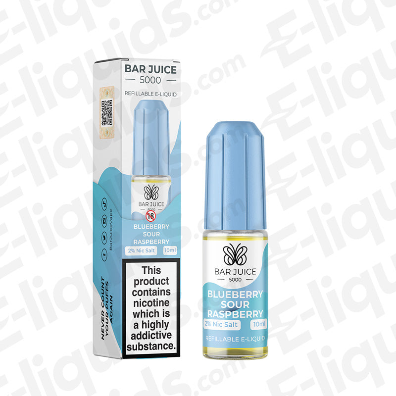 Blueberry Sour Raspberry Nic Salt E-liquid by Bar Juice 5000 in 10ml bottle with packaging.