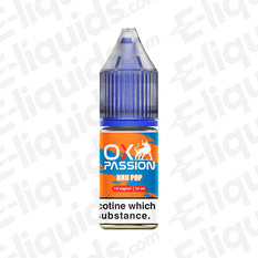 Bru Pop OX Passion Nic Salt E-liquid bottle with tangy orange and zesty lemon flavor by OXVA, 10mg strength.
