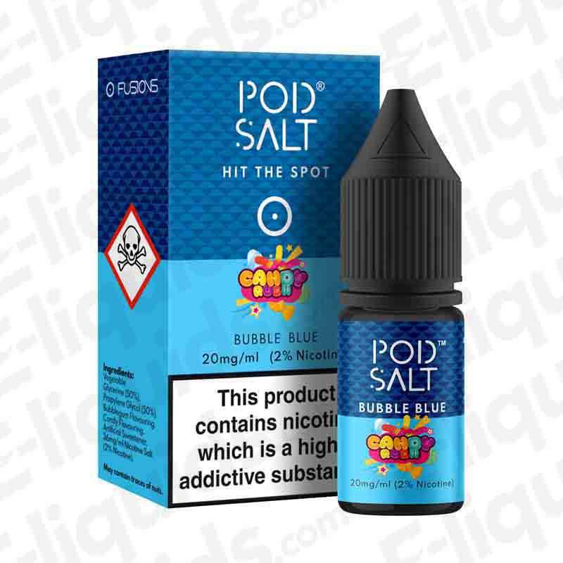 Bubble Blue Fusion Nic Salt E-liquid by Pod Salt in packaging, featuring nostalgic bubblegum flavor notes.