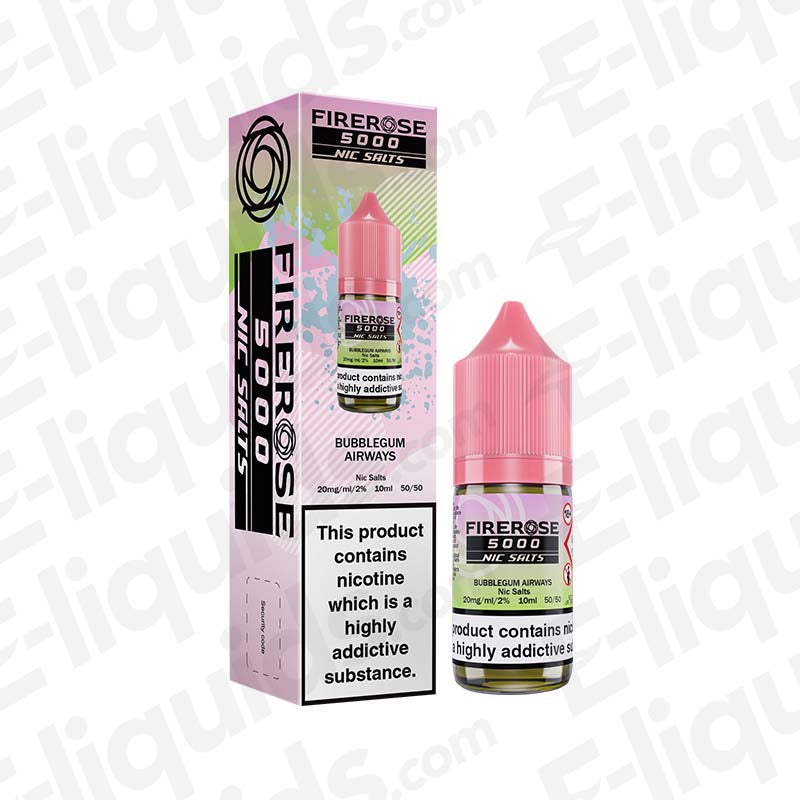 Bubblegum Airways Firerose 5000 Nic Salt E-liquid by Elux in pink bottle with packaging, refreshing mint and candy flavor.