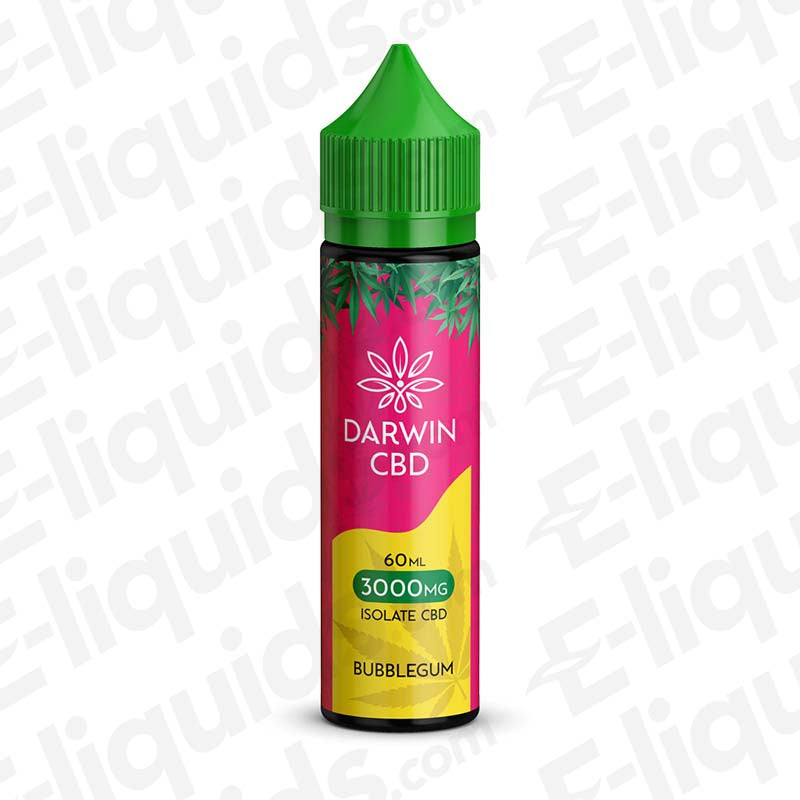 Darwin CBD 60ml Bubblegum Vape Juice with nostalgic Candy flavour in a pink, yellow and green bottle.