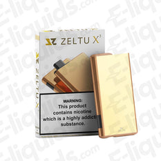 Zeltu X3 Burnt Gold Metallic Pod Kit with ultra-slim design and fast charging battery displayed next to packaging.