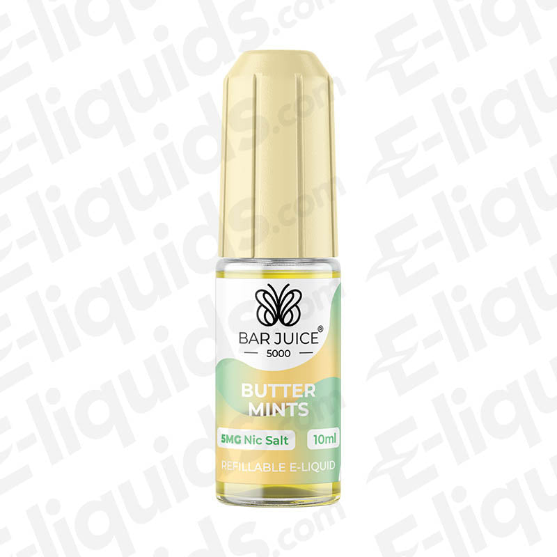 Butter Mints Nic Salt E-liquid by Bar Juice 5000, 10ml bottle, sweet creamy butter and mint flavor for a smooth vape.