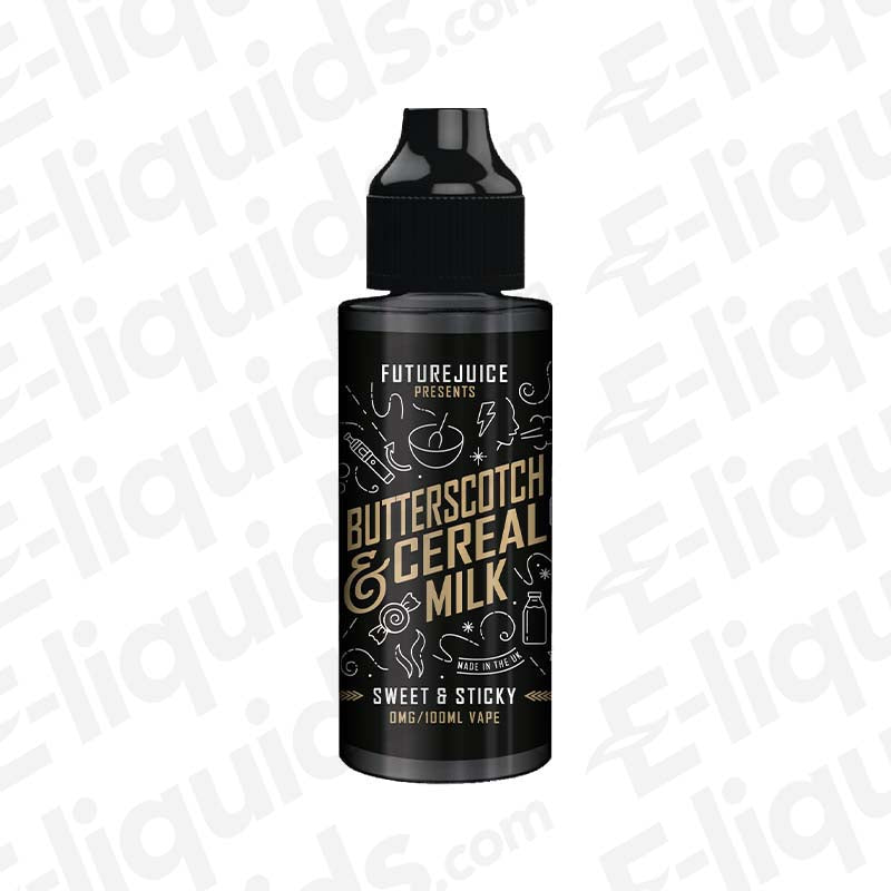 Butterscotch Cereal Milk Nic Salt E-liquid by Future Juice in a sleek black bottle, showcasing sweet and creamy flavor.