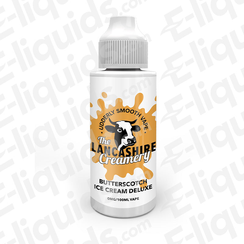 Butterscotch Ice Cream Deluxe 100ml Shortfill E-liquid by The Lancashire Creamery bottle with vape background.