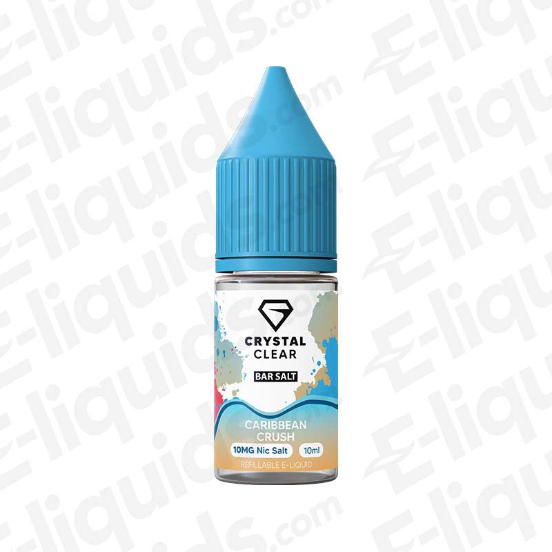 Caribbean Crush Nic Salt E-liquid by Crystal Clear Bar Salts in 10mg, 10ml bottle with tropical flavor blend.