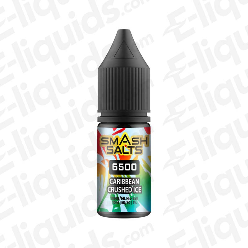 Caribbean Crushed Ice Nic Salt E-liquid by Smash Salts 6500 in a 10ml bottle, featuring tropical fruit flavors with a cool finish.