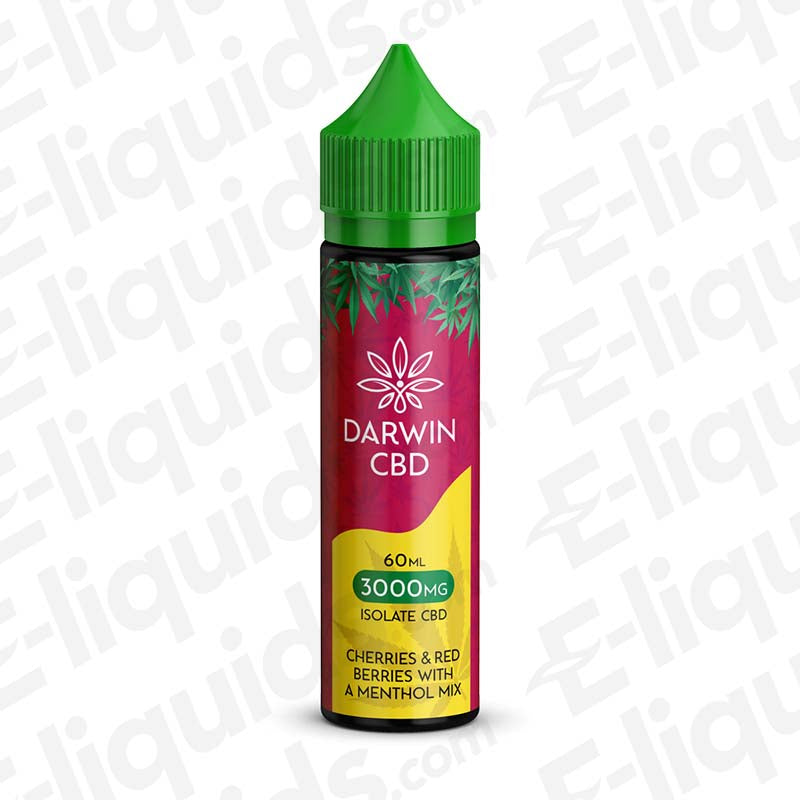 Darwin CBD 60ml Cherries Red Berries & Menthol Mix Vape Juice with rich Fruit flavour in a red and yellow bottle.