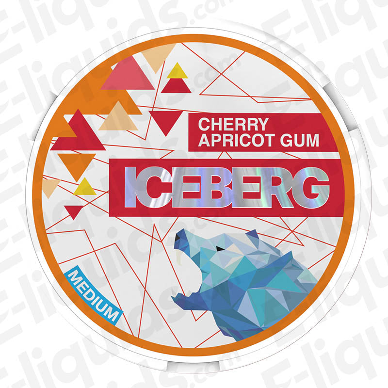 Cherry Apricot Gum Nicotine Pouches by Iceberg, vibrant round packaging with geometric bear design, 20mg nicotine strength.