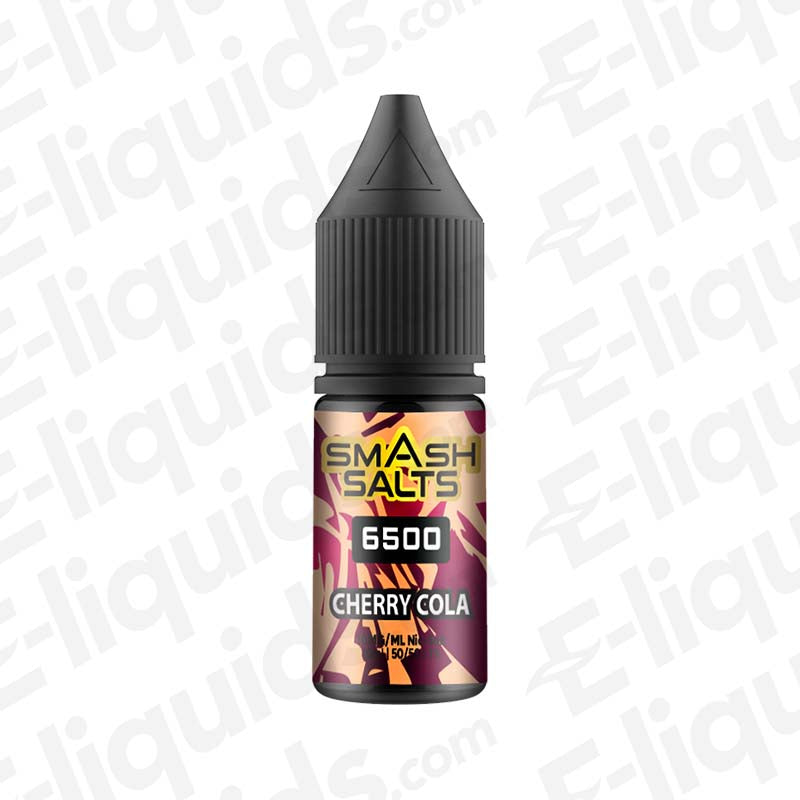 Cherry Cola Nic Salt E-liquid 10ml by Smash Salts 6500 in a sleek bottle design, perfect for pod and pen-style vape kits.