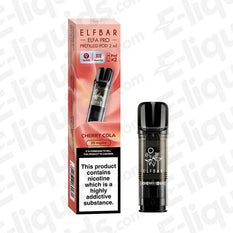 Elf Bar ELFA PRO Cherry Cola Pre-Filled Vape Pods with packaging displaying vape pod and nicotine warning.
