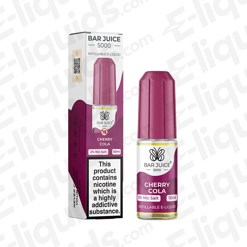 Cherry Cola Nic Salt E-liquid by Bar Juice 5000 in a 10ml bottle with packaging.