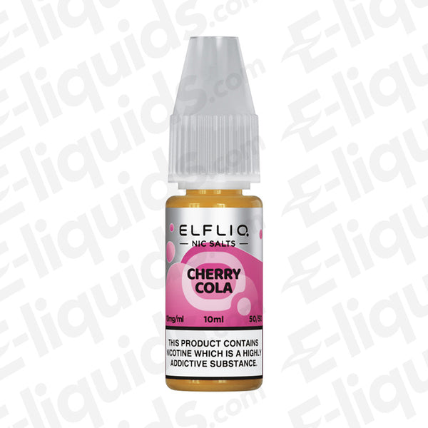 Bottle of 10ml Elfliq Cherry Cola Nic Salt E-liquid with 50/50 VG/PG ratio, showing label and packaging details.