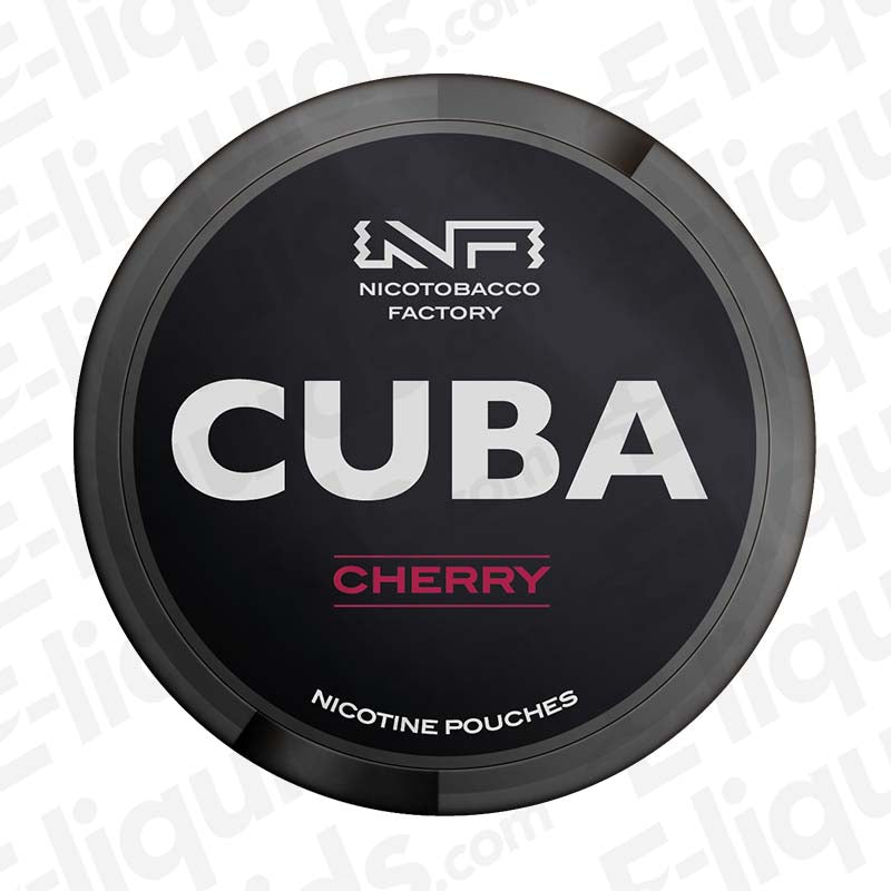 Black tin of Cuba Cherry nicotine pouches by Nicotobacco Factory on a branded background.