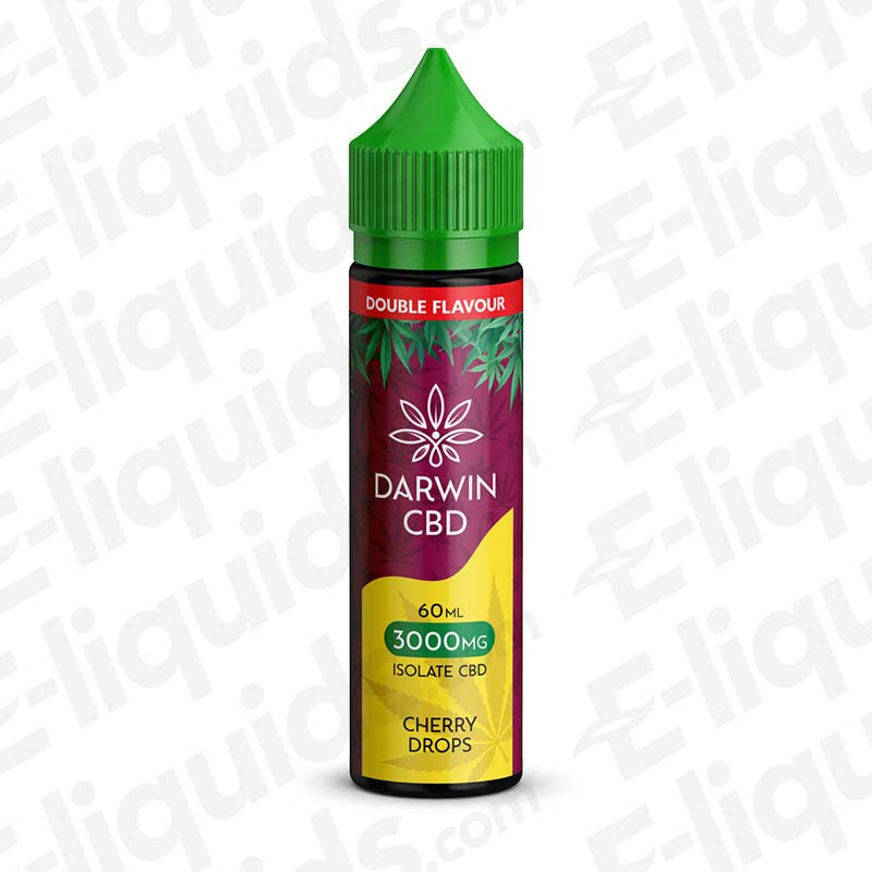 Darwin CBD 60ml Cherry Drops Vape Juice with sweet Cherry Candy flavour in a maroon and yellow bottle.