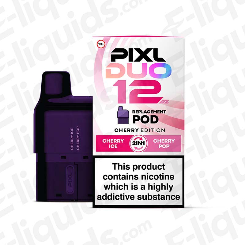 Cherry Edition PIXL Duo 12 Prefilled Pod featuring Cherry Ice and Cherry Pop flavors, 10ml capacity.