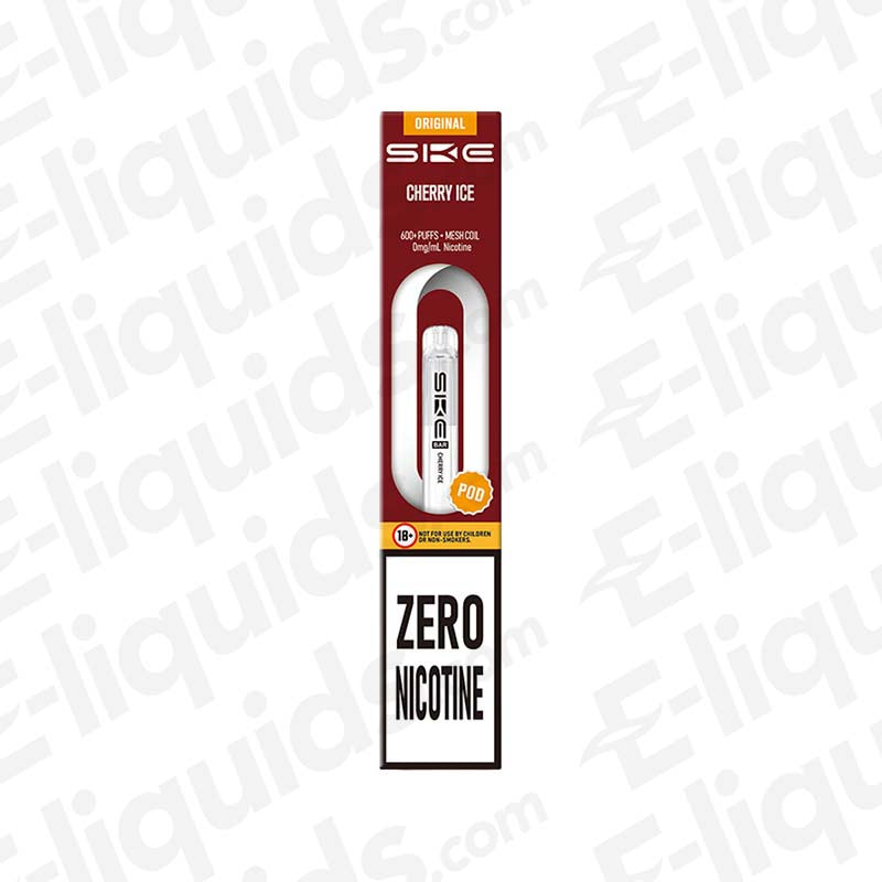 SKE Bar 600 0mg Cherry Ice Prefilled Pod: A nicotine-free replacement pod featuring 2ml of bold red cherry and a frosty, cooling finish.