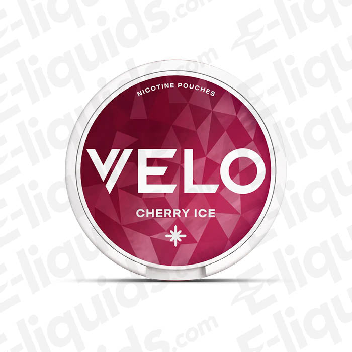VELO Cherry Ice nicotine pouches featuring a bold, vibrant design showcasing rich cherry flavor and refreshing ice sensation.