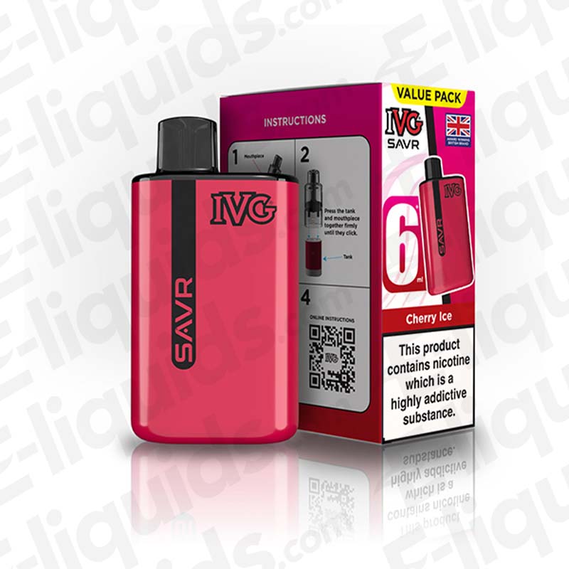 IVG SAVR Legal Big Puff Prefilled Pod Kit in cherry ice flavor with value pack box design.