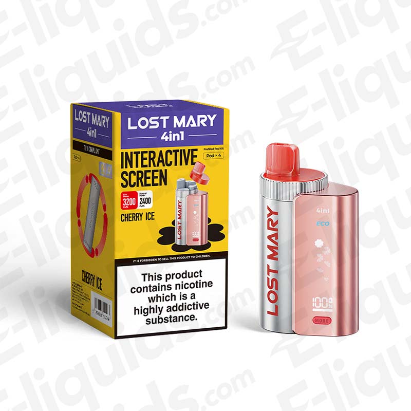 Lost Mary 4-in-1 Pod Kit with interactive screen and Cherry Ice flavor packaging, featuring vape device design.