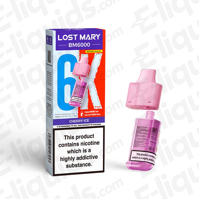 Lost Mary BM6000 Cherry Ice Pod, nicotine warning, sleek pink design, 6000 puffs, UK compliant, smooth vape experience.