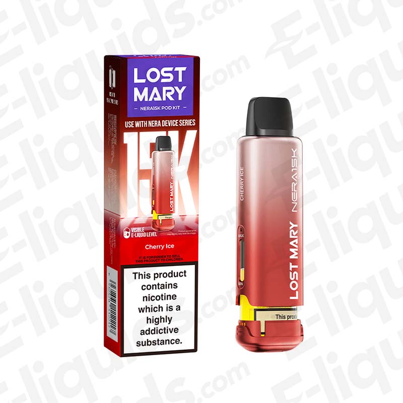 Cherry Ice Lost Mary NERA15K Prefilled Pod with box, sweet cherry and ice flavor for MTL vaping, 20mg strength.