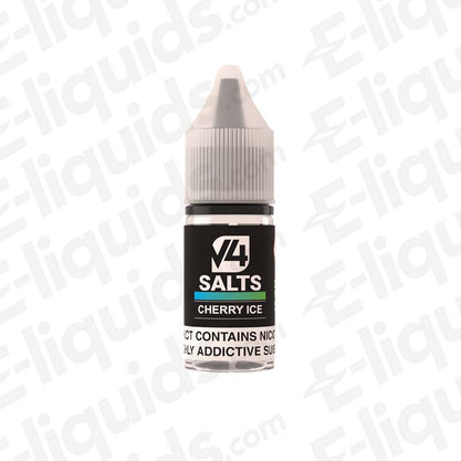 V4pour Cherry Ice Nic Salt E-liquid bottle with nicotine warning label on white background.