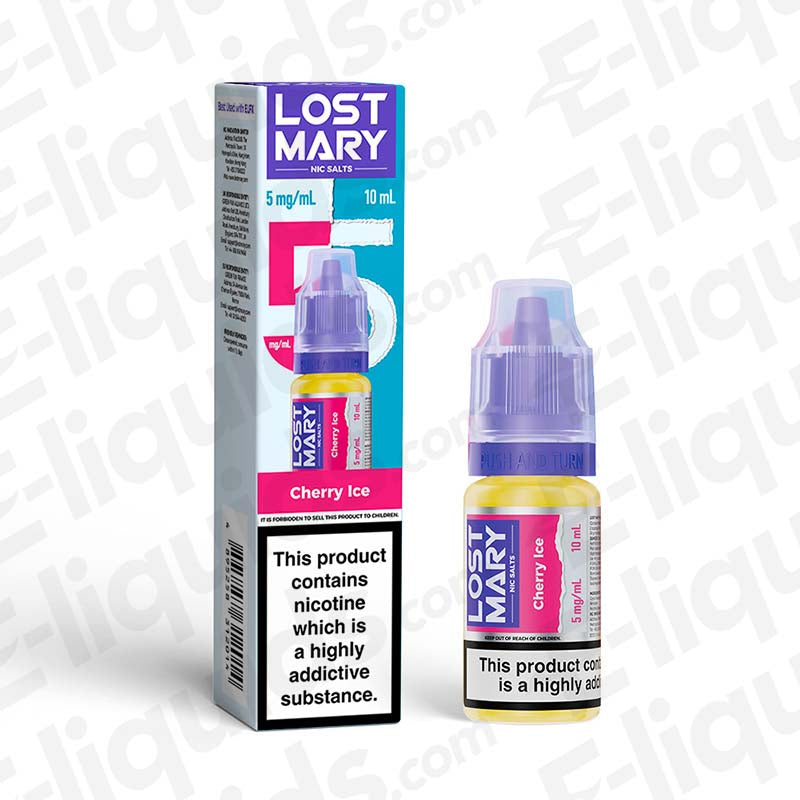Lost Mary Nic Salt Vape Juice Cherry Ice 5mg 10ml bottle with packaging, suitable for pod kits, starter kits, and mouth to lung devices.