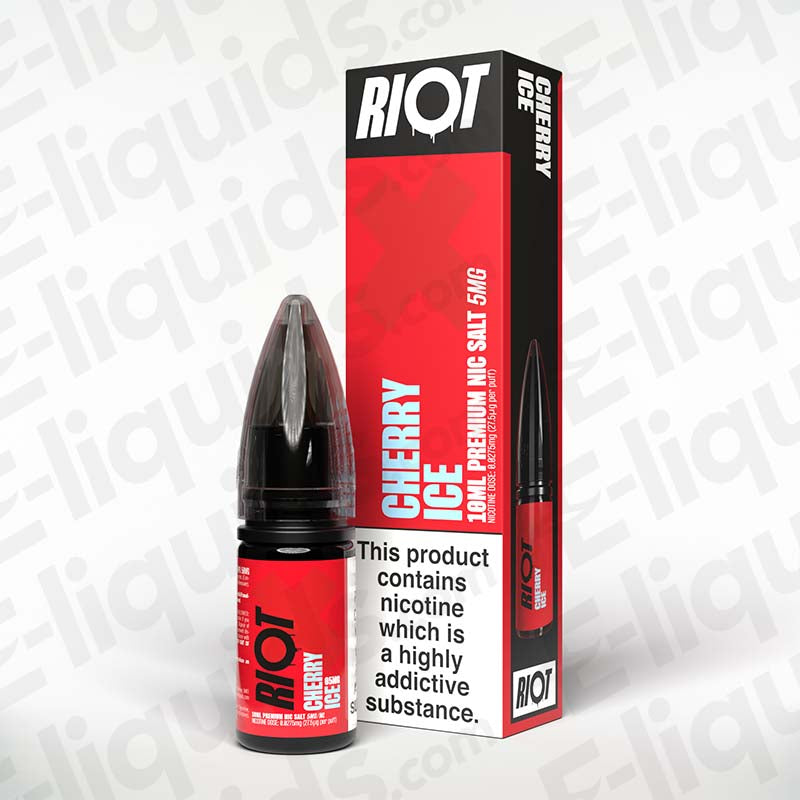 Cherry Ice Nic Salt E-Liquid by Riot X in 10ml bottle with box, featuring sweet cherry and menthol flavor.