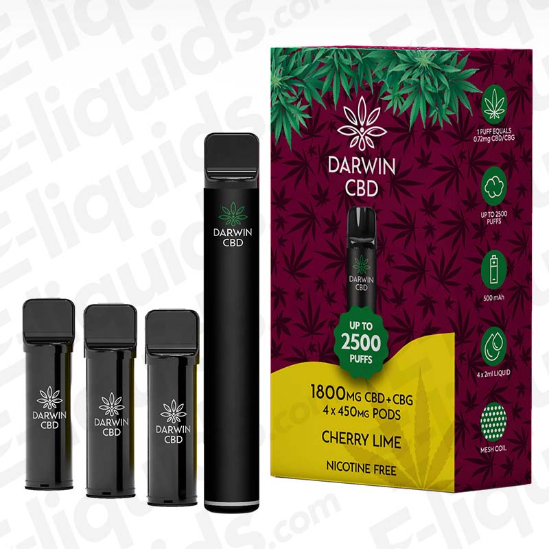 Darwin CBD+CBG 1800mg Cherry Lime Prefilled Pod Kit with 4 x 450mg pods and a 500mAh rechargeable device.