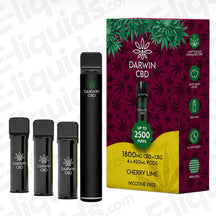 Darwin CBD+CBG 1800mg Cherry Lime Prefilled Pod Kit with 4 x 450mg pods and a 500mAh rechargeable device.