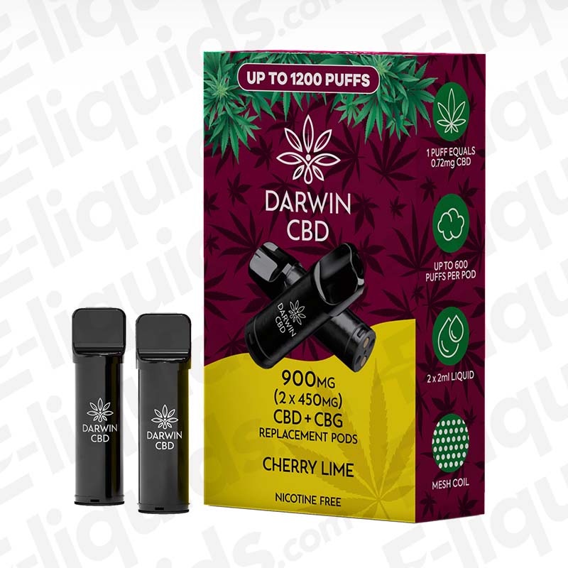 Darwin CBD+CBG 900mg Cherry Lime (2 x 450mg) Prefilled Pod with punchy Citrus and Fruit flavour in maroon and yellow packaging.