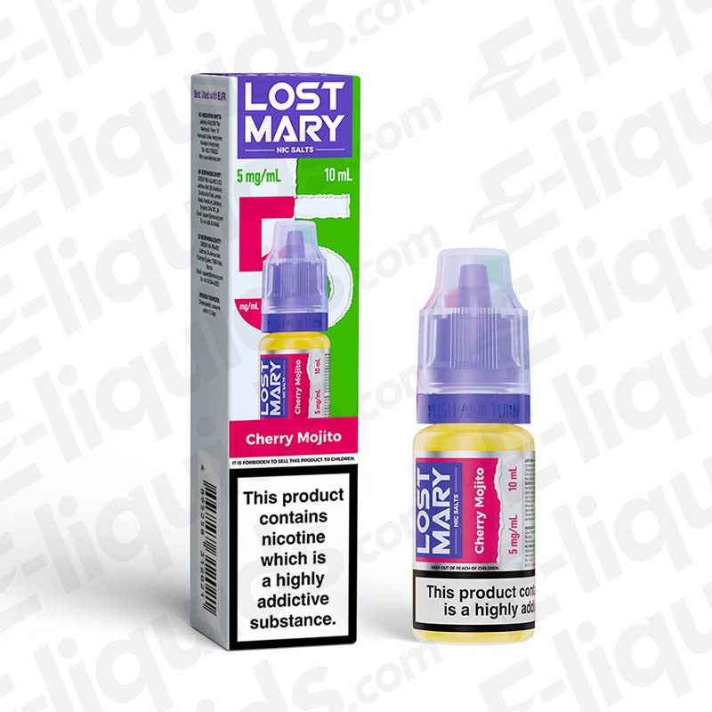 Lost Mary Nic Salt Vape Juice Cherry Mojito 5mg 10ml bottle with packaging, suitable for Pod Kits, in vibrant cherry mojito flavor.