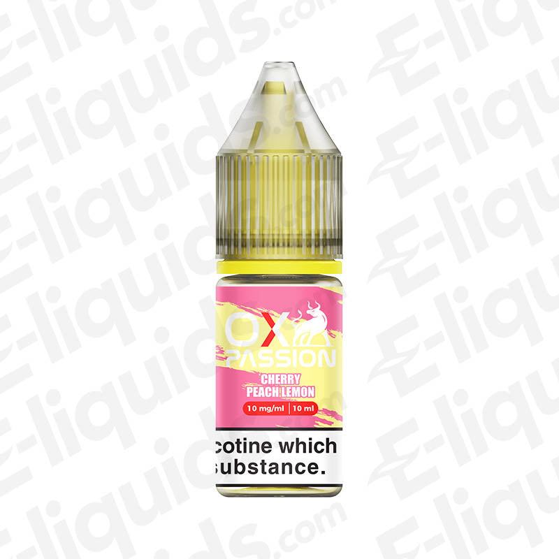 Cherry Peach Lemon OX Passion Nic Salt E-liquid by OXVA bottle, featuring sweet and tangy flavors, 10mg strength, for smooth vaping.