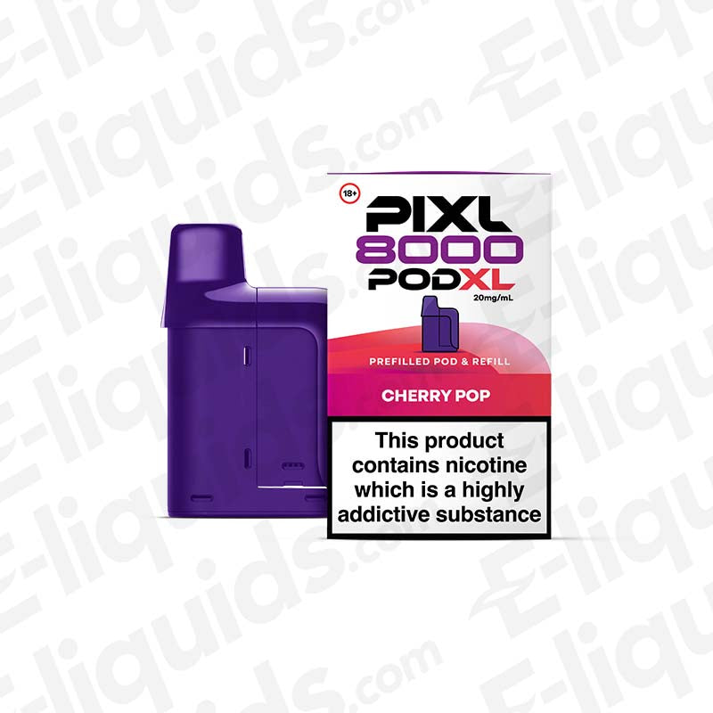 PXIL 8000 Pod XL Cherry Pop with 20mg nicotine and prefilled e-liquid for 8000 puffs, shown in purple packaging.