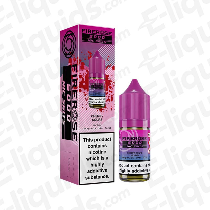 Cherry Sour Firerose 5000 Nic Salt E-liquid by Elux in pink bottle and box, featuring tangy cherry flavor.