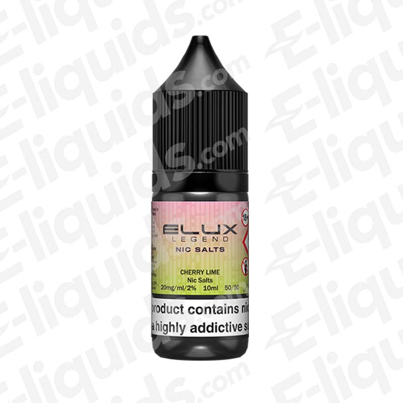Cherry Lime Nic Salt E-liquid by Elux Legend, bottle design, 10mg and 20mg nicotine options, fresh flavor for MTL vaping.