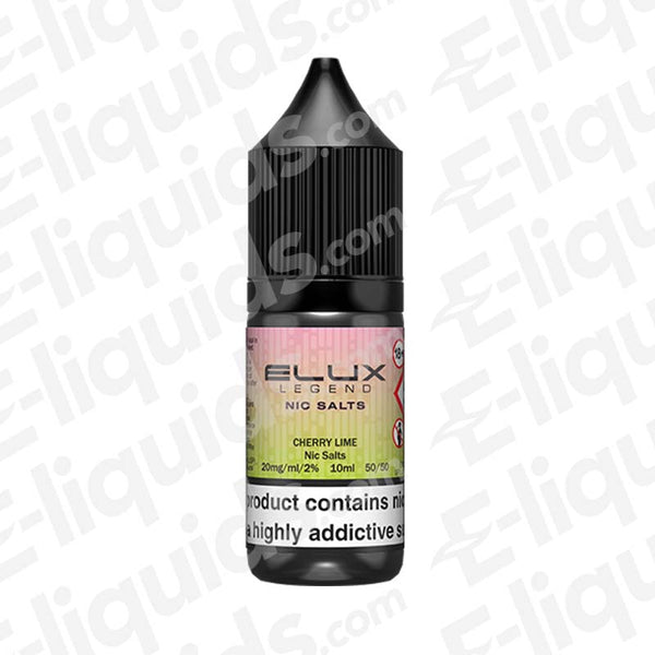 Cherry Lime Nic Salt E-liquid by Elux Legend, bottle design, 10mg and 20mg nicotine options, fresh flavor for MTL vaping.