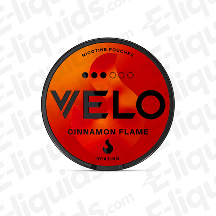 VELO Cinnamon Flame nicotine pouches can, featuring warm cinnamon aroma and spicy sensation, with 10mg nicotine per pouch.
