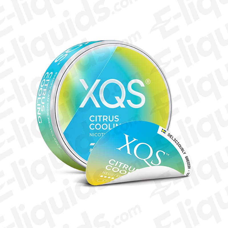 XQS Citrus Cooling Nicotine Pouches with sharp Citrus notes and a cool Menthol exhale in yellow and blue packaging.