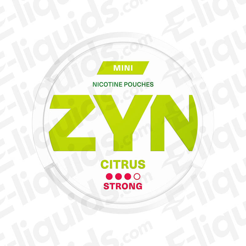 ZYN Citrus Mini Strong Nicotine Pouches can, featuring lemon, orange flavor in 6mg strength, tobacco-free.