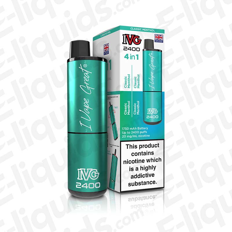 IVG 2400 4-in-1 Rechargeable Pod Kit Classic Menthol with packaging, 20mg nic salt e-liquid, USB-C fast charging.