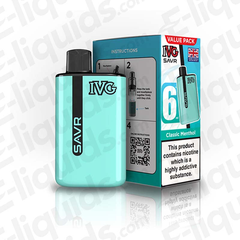 IVG SAVR Legal Big Puff Prefilled Pod Kit value pack with classic menthol flavor and instructions.