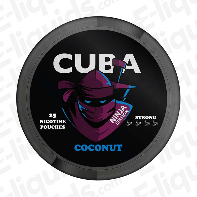 Cuba Ninja Edition coconut nicotine pouches packaging with strong flavor branding.