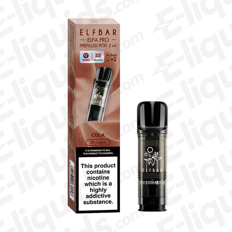 Elf Bar ELFA PRO Cola Pre-Filled Vape Pods with packaging, offering classic cola flavor for a refreshing vaping experience.
