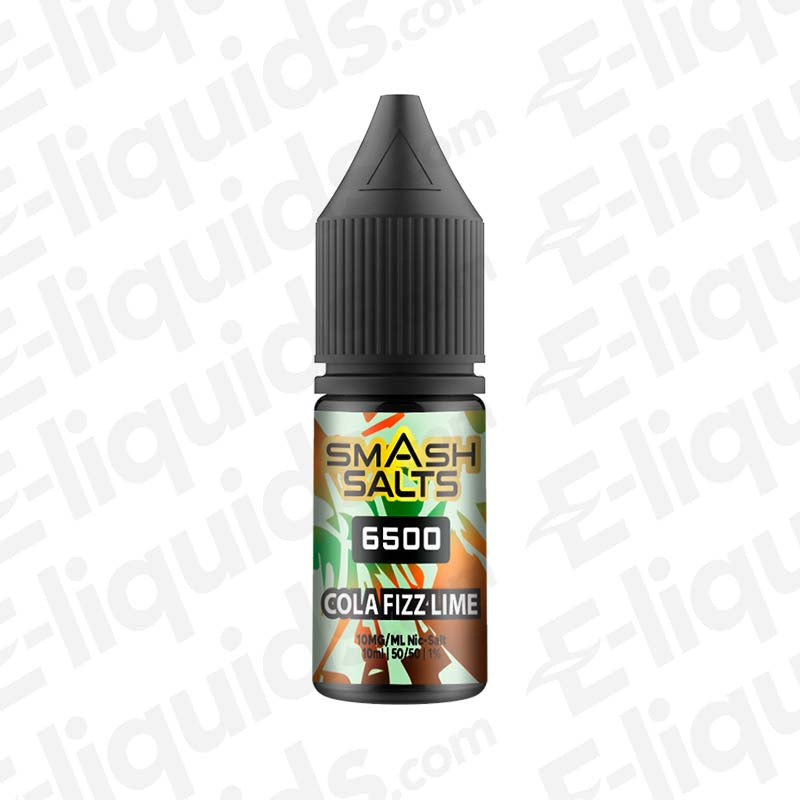 Cola Fizz Lime Nic Salt E-liquid by Smash Salts 6500 in a 10ml bottle, featuring bold cola and tangy lime flavors.