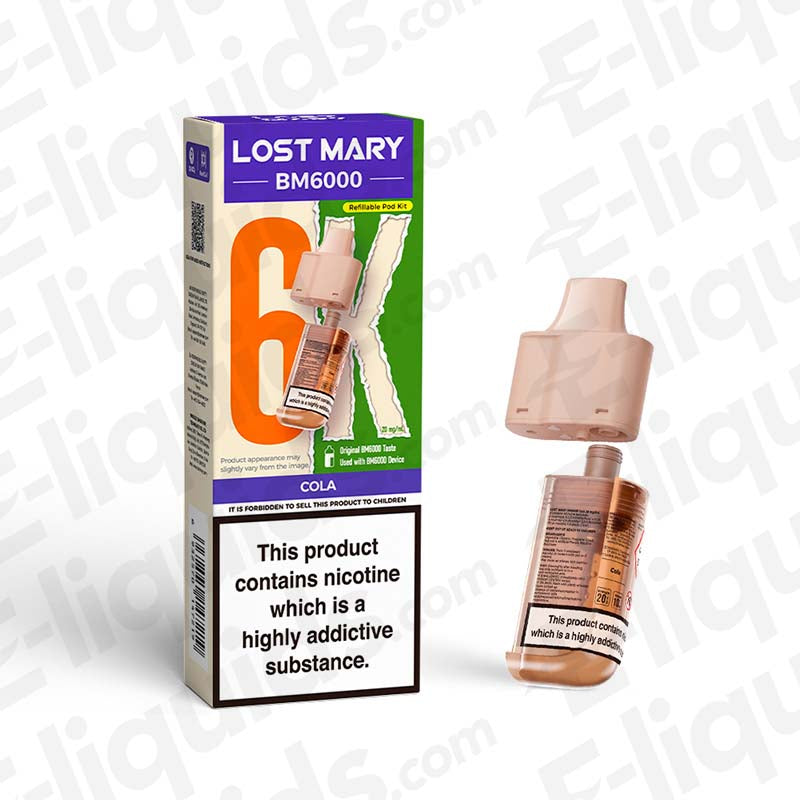 Lost Mary BM6000 Prefilled Pod in Cola flavor with packaging, offering 6000 puffs, designed for UK vaping compliance.