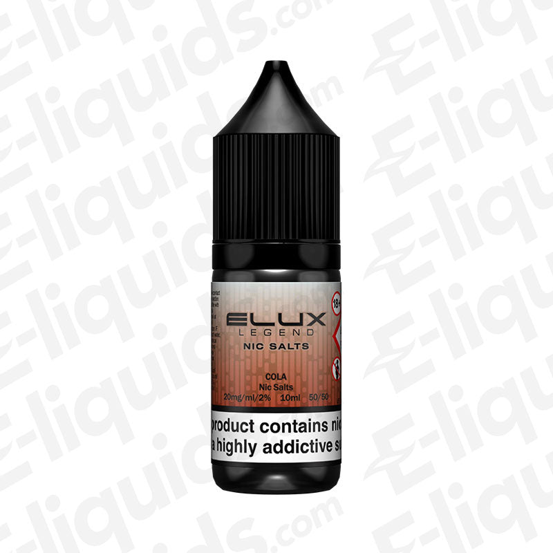 Cola Nic Salt E-liquid by Elux Legend in a bottle, showcasing sweet and fizzy cola flavor, 10mg and 20mg nicotine strengths.
